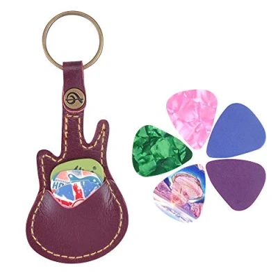 Immagine di Custodia portachiavi per plettri chitarra, a forma di in pelle, con 5 regalo, Guitar Pick Case Coffee Color