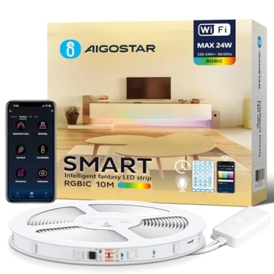 Immagine di Aigostar Striscia LED Alexa, RGBIC, 10M(30LEDs/M), 24W, Striscie Smart con Controllo Segmenti, Sync Musica, Colore Fai da te per Camera, Festa, Bricolage, Decorazione della Casa, Gaming