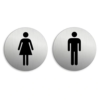 Immagine di Targhetta per Porta Toilette WC Donne Uomini Set di 2 Targa Ø 75 mm Alluminio spazzolato auto adhesiva