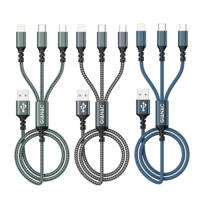 Immagine di GIANAC Multi Cavo di Ricarica [3pack1.2M] 3 in 1 Multiplo Cavetto con Micro USB Tipo C Lightning interfaccia per iPhone X/XS/XS,Huawei,Honor,MateBook,Xiaomi