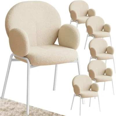 Immagine di TecTake® Set di 6 Sedie Sala da Pranzo, Imbottite in Tessuto Bouclé, Imbottitura Gommapiuma, Pranzo con Solide Gambe Acciaio e Cappucci Antigraffio Crema