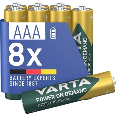 Immagine di VARTA Pile AAA, ricaricabili, confezione da 8, batteria ricaricabile, Power on Demand, 1000 mAh Ni Mh, precaricate, pronte all&#039;uso [Esclusivo su Amazon]