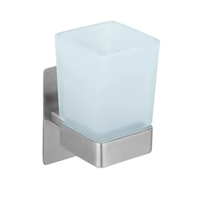 Immagine di WENKO Turbo Loc Genova Matt, Porta spazzolini Parete Accessori da Denti Fissare Senza Foratura, Supporto in Acciaio Inox, Bicchiere Vetro Satinato, 6,2 x 13,2 9 cm, Inossidabile, Opaco