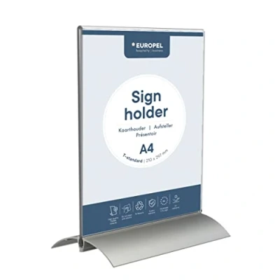 Immagine di EUROPEL Porta cartelle, T Standard, formato A4, verticale, struttura in acrilico trasparente, poster a doppia faccia, menu e opuscolo con base alluminio, design autoportante
