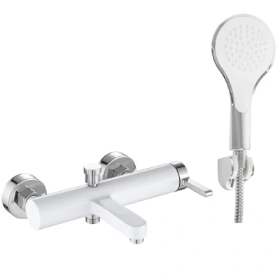 Immagine di Rea Rubinetto da Vasca Polo White Chrom Miscelatore con Doccetta in Ottone per Bagno Caldo e Freddo regolabile (Chrome)