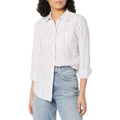 Immagine di Amazon Essentials Camicia Button Down in Popeline a Maniche Lunghe con vestibilità Classica Donna, Lilla Bianco Righe Variegate, XXL