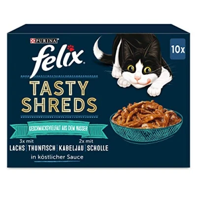 Immagine di FELIX Tasty Shreds cibo umido per gatti in salsa, varietà di sapori dell&#039;acqua, confezione da 6 (6 x 10 80 g)