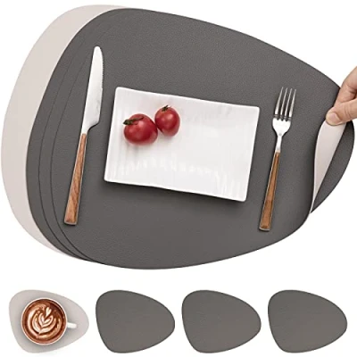 Immagine di Myir JUN Tovagliette in Pelle e Sottobicchieri, Set Americana Plastica Lavabili Bifacciale Non scivolose Impermeabile Triangolari (Set di 4, Grigio Bianca)