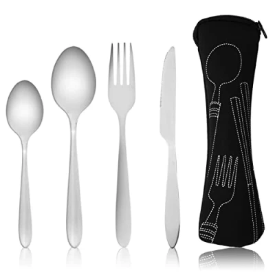 Immagine di set di posate da 4 pezzi con custodia portatile, in acciaio inox, utensili campeggio borsa neoprene, per esterni, viaggi, picnic, ufficio, scuola, portapranzo