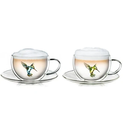 Immagine di Creano Set di 2 Tazze Termica Hummi con Stampa Uccelli, per Tè/Latte Macchiato, a Doppia Parete 250ml in Confezione Regalo