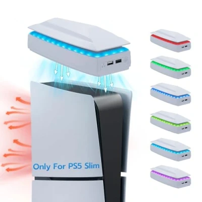 Immagine di Mcbazel Stazione di Raffreddamento PS5 Slim con RGB,Regolabile a 3 Velocità Ventola Superiore Copertura Antipolvere Porte USB per Playstation 5 Disc/Digital Bianco