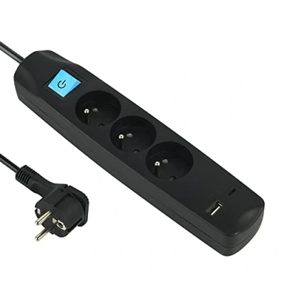 Immagine di Electraline 35605 Blocco multipresa A 3 prese francesi + 2 USB 3.4A 17W 1 tipo C, con interruttore on/off, spina extra piatta 90 16A, cavo 1.5M, nero