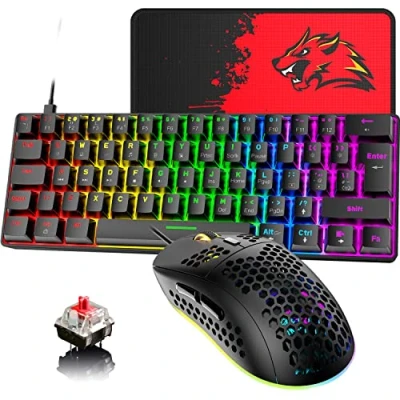 Immagine di tastiera e Mouse da gioco cablati al 60% con layout UK meccanica a 62 tasti, 19 effetti di luce arcobaleno + 6 RGB 6400 DPI (interruttore nero/rosso)