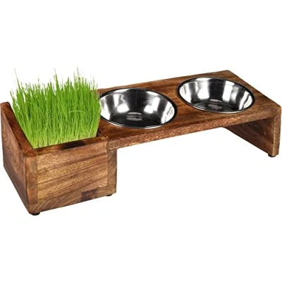 Immagine di Flamingo Ciotole con Supporto in Legno e Vassoio per Erba da Gatto, 42 cm, Gatti