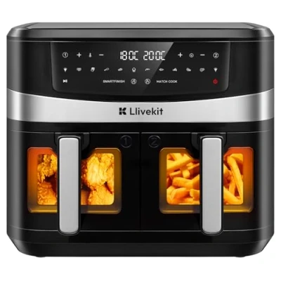 Immagine di LLIVEKIT Friggitrice ad Aria 10 L con 2 Cestelli, Forno Elettrico Funzioni 12 in 1 Grill, Griglia e Spiedini, Smart Finish, Match Cook, Preriscaldamento Disidratazione, 2800 W