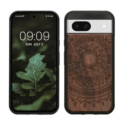 Immagine di kwmobile Custodia Compatibile con Google Pixel 8a Cover Back Case in Legno Bumper Silicone TPU Sole indiano marrone scuro