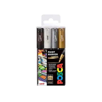 Immagine di Posca 153544850 Set Marcatore a Tempera Base d&#039;Acqua, 1 mm, 4 Pezzi