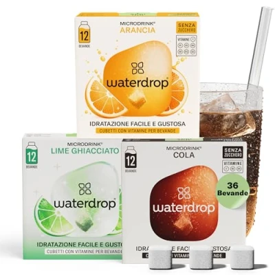 Immagine di waterdrop® Set Microdrink, ARANCIA, COLA e LIME, 36 cubetti effervescenti, insaporitore Acqua senza zucchero per aromatizzare l&#039;acqua, Estratti di frutta, Aromatizzata, infusione a freddo