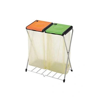 Immagine di Gimi Nature Plus 2 Portarifiuti, Portasacco Raccolta Differenziata, Antiruggine, con Griglia Reggisacco, Capacità Sacco fino a 130 L, Acciaio/Resina, 71,5 x 40 82 cm, Multicolore