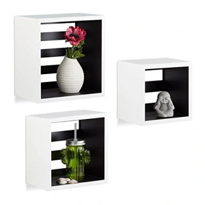 Immagine di Relaxdays 10021798_362 Set 3 Mensole da Parete Cube, Forma Quadrata, Cubo, Legno MDF, Bianco Nero