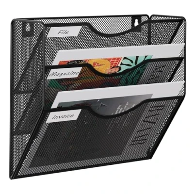 Immagine di EasyPAG 3 ripiani A4 Mesh In Tray Wall Pocket File Holder Mail Organizer Magazine Storage Rack, Nero