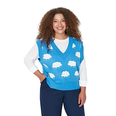 Immagine di Trendyol Donna Oversize Standard Scollo a V Maglieria Plus Size Maglione, Blu, 4X Large