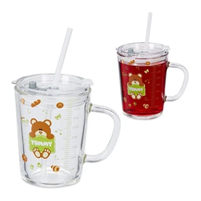 Immagine di Relaxdays Set da 2 Tazze per Bambini, Vetro, Silicone, ABS, con Cannuccia, Manico e Tappo, 400 ml, Orsetto, Trasparente