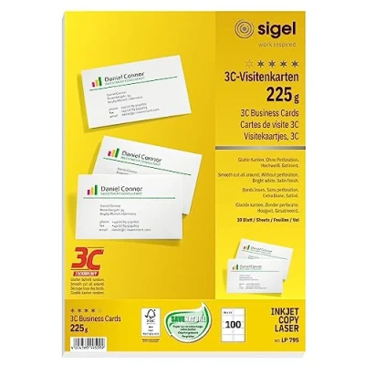 Immagine di SIGEL LP795 Biglietti da visita, 3C, con taglio netto tutt&#039;intorno, bianco, 85x55 mm (A4), 225 g, 100 pz.=10 fg