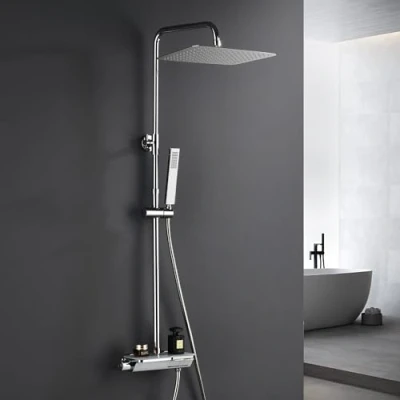 Immagine di Görbach Acciaio INOX Colonna Doccia con Termostatico Rubinetto Soffione Miscelatore, Set a Pioggia Doccetta Cromo(35x25cm)
