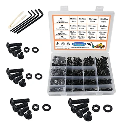 Immagine di huruirui Dadi e Bulloni Viti M2 M3 M4 M5 Incassato Set, 1180Pezzi Nero In Acciaio al Carbonio Assortimento di Viti, Esagonale con Meccanico Bullone Rondelle Chiave Inglese Kit