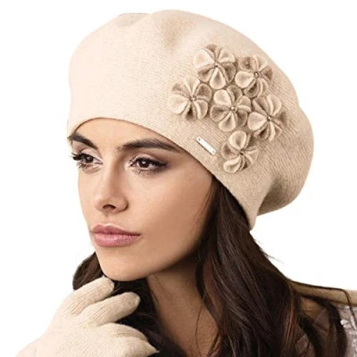 Immagine di Kamea Berretto Femminile in Lana con Fiorellini Gorycja, Beige,Uni