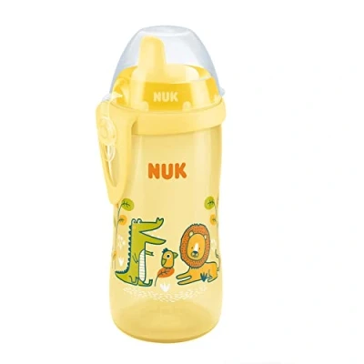 Immagine di NUK First Choice Kiddy Cup 10255670 Tazza per imparare a bere, 12 mesi, prova di perdite, resistente ai morsi, clip e tappo protettivo, 300 ml, senza BPA, coccodrillo (giallo)