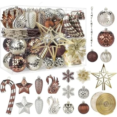 Immagine di Alupssuc 128 Pezzi Palline di Natale Ornamenti Set, Decorazioni per Albero Infrangibili Palline, Fiori Natale, Nastro, Puntale Festa Nozze con Ganci,Marrone &amp; Oro