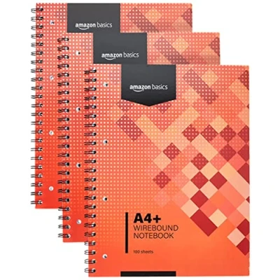 Immagine di Amazon Basics Taccuino con rilegatura a spirale, 100 fogli/200 pagine A4+, 80 GSM, 3 unità, Rosso
