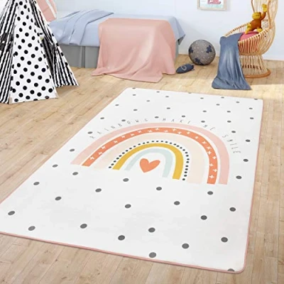 Immagine di Tappeto Bambini Cameretta Bebè Arcobaleno Motivo Con Design Cuore, Colore:Crema, Dimensione:155x230 cm