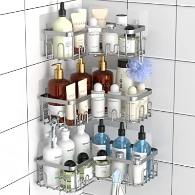 Immagine di Menbyci Confezione da 3 mensole angolari per doccia, con 18 ganci, in acciaio inox, adesivo bagno, colore argento