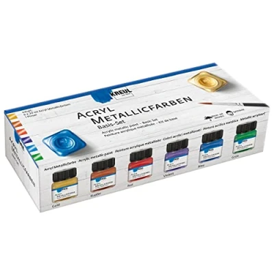 Immagine di KREUL 77600 Set di 6 barattoli Vernice acrilica metallizzata da 20 ml con 1 pennello opaca e cremosa effetto metallico glamour Si asciuga rapidamente ed è resistente all&#039;acqua