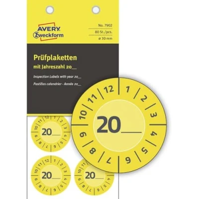Immagine di AVERY Zweckform 80 targhette di prova 20 (con anno da inserire in autonomia, resistenti, autoadesive, 30 mm, adesivo prova, etichetta scrivibile, pellicola vinilica 7902, giallo
