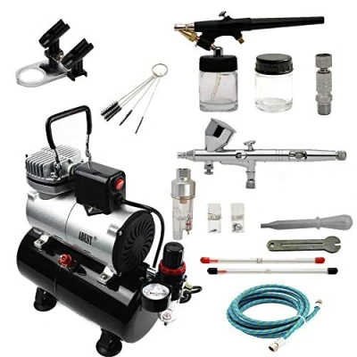 Immagine di Abest Kit compressore aerografo professionale completo, sistema per aerografia con 2 aerografi multiuso: doppia azione Gravity ;mm a singola Siphon feed, di raffreddamento