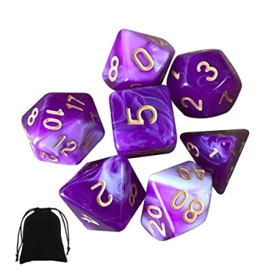 Immagine di Set di dadi poliedrici per giochi ruolo, 7 pezzi, ruolo da tavolo Dungeons and Dragons, D&amp;D RPG, MTG, Pathfinder (colore viola e bianco)