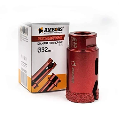 Immagine di Amboss RED Edition M14 Corona diamantata per smerigliatrice angolare in gres porcellanato, piastrelle dure, granito/corona di perforazione a secco ideale (Ø 32 mm)