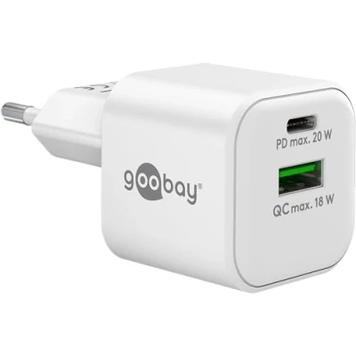 Immagine di goobay 65865 Caricatore rapido USB C Dual Nano PD (20 W) / QC A (18 per Samsung, iPhone, iPad, MacBook/spina di ricarica/adattatore ricarica presa/alimentatore rete