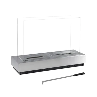 Immagine di KEKAI Santorini Biocamino da pavimento, 75 x 23 52 cm, con 2 bruciatori in acciaio inox, protezione vetro temperato e accessorio per antipasti, colore argento