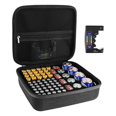 Immagine di Linkidea Contenitore Rigido per Batteria, Scatola Organizer con Tester BT 168, Custodia Batteria Trasporto Sicuro Contiene 76 Batterie AA AAA 9V C D di Varie Dimensioni