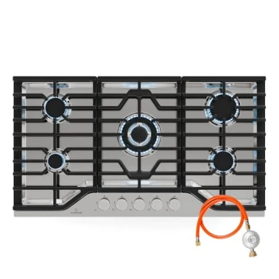 Immagine di KLARSTEIN Turbocast Piano Cottura a Gas, 5 Bruciatori, Acciaio Inox 304, Wok: 3,4 kW, GPL, Accensione Elettrica, Supporti in Ghisa, Kit di Conversione Incluso, 910x85x510 mm