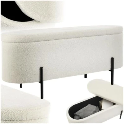 Immagine di TecTake® Panca Imbottita in Tessuto Bouclé, Contenitore con Pratico Spazio Interno, Comoda Pouf Gambe Acciaio, da Ingresso Design Scandinavo Crema/Bianco