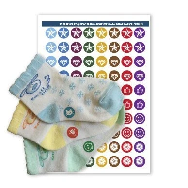 Immagine di Haberdashery Online Set per Abbinare Calzini, 60 Etichette Termoadesive, Facile Applicazione, Resistente al Lavaggio, Ideale Famiglie, Design Colorato, Modello 3, Diam. 1,5cm, Materiale Tessuto