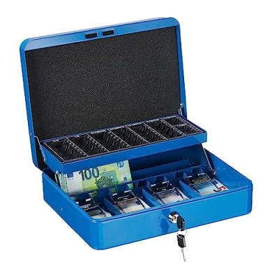 Immagine di Relaxdays Cassetta di Sicurezza per Soldi, con Scomparto Monete e 4 Vani Banconote, 8,5x30,5x24,5 cm, Blu
