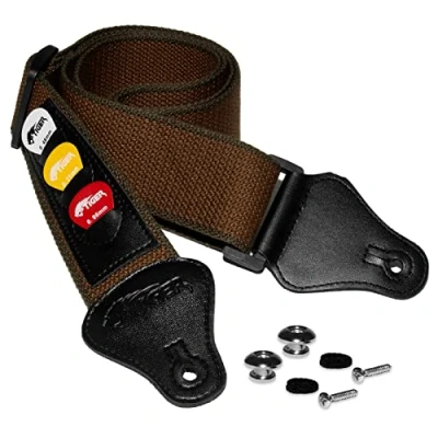 Immagine di Tiger STP5 BR PACK Tracolla per chitarra con porta plettri, plettri e perni il fissaggio chitarre classiche, acustiche, elettriche bassi Colore marrone