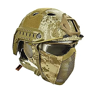 Immagine di Casco Fast Tattico MH Combinato, con Protezione per le Orecchie Pieghevole Maschera a Rete Mezza Faccia e Occhiali il Set di Giochi Airsoft Paintball CS